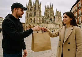 Imagen creada a través de Inteligencia Artificial de un repartidor entregando su pedido a una mujer en Burgos.