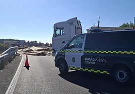 Carga de madera perdida por un camión en la circunvalación de Burgos.