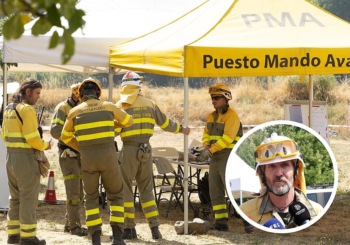 El puesto de mando avanzado de Barniedo de la Reina y, en detalle, Víctor Fernández.