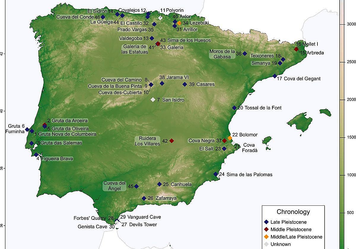 Mapa de los neandertales ibéricos y sus antepasados analizados en este trabajo.