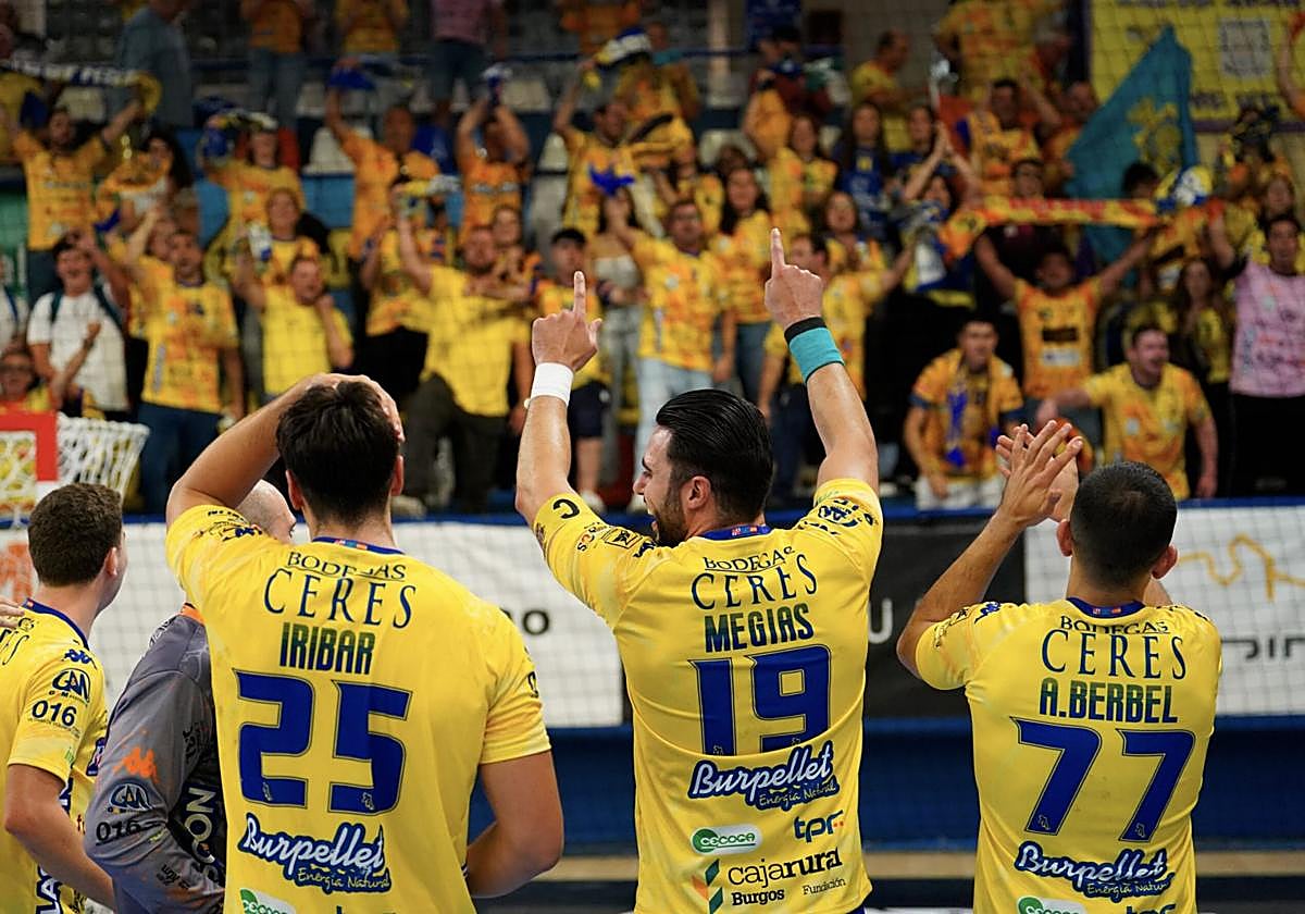 Jugadores de Tubos Aranda celebrando la victoria con la afición arandina