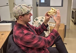 Mario Modesto-Mata analizando un cráneo de babuino real en la Loyola University en Chicago.