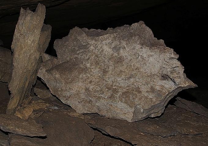 Vista frontal de la laja 1, cuya cara principal recuerda la silueta de un zoomorfo, con el hocico decorado