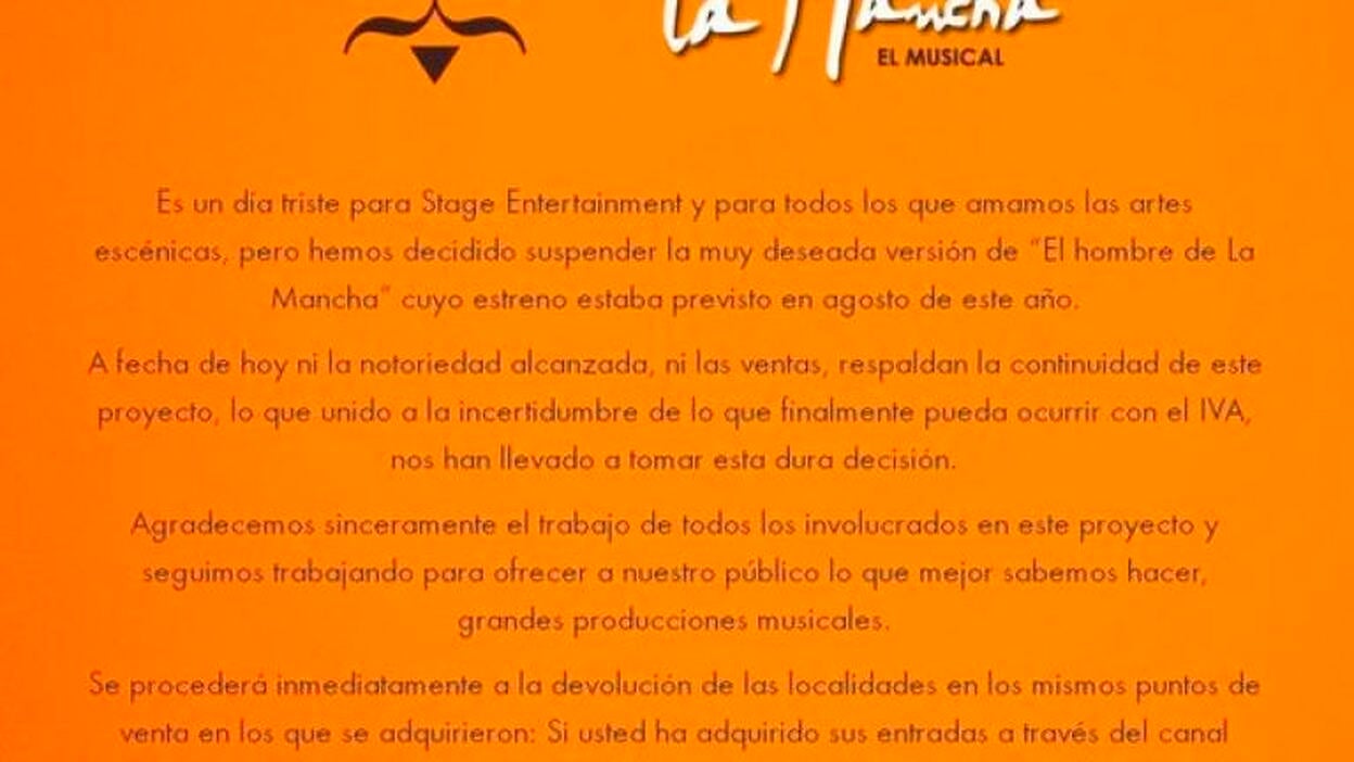 "El hombre de la Mancha" no se estrenará por problemas económicos