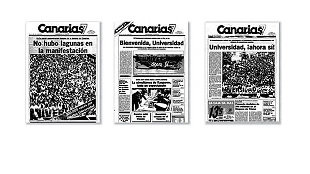 De derecha a izquierda.  Mayo de 1988.  300.000 personas exigen la universidad.  Abril de 1989.  Se aprueba la ley que crea la ULPGC.  Junio de 1990.  El Constitucional avala la creación de la ULPGC.