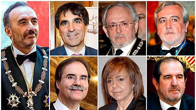 De izquierda a derecha y de arriba a abajo, Manuel Marchena, presidente del tribunal y ponente de la sentencia; Antonio del Moral, fiscal por oposición, ejerció en el Supremo desde 1999 hasta 2012, cuando fue nombrado juez; Luciano Varela, histórico fundador de la progresista Jueces para la Democracia, fue el encargado de redactar el proyecto de la Ley del Jurado en 1994; Juan Ramón Berdugo, magistrado del Supremo desde 2004; Andrés Palomo, el último magistrado en incorporarse al tribunal del "procés"; Ana Ferrer, la única mujer del tribunal, la primera mujer que presidió la Audiencia Provincial de Madrid y cinco años después, en 2014, la primera en acceder a la Sala de lo Penal del Supremo; y Andrés Martínez Arrieta, en ausencia de Marchena, iba a ser el presidente del tribunal al ser el más veterano.