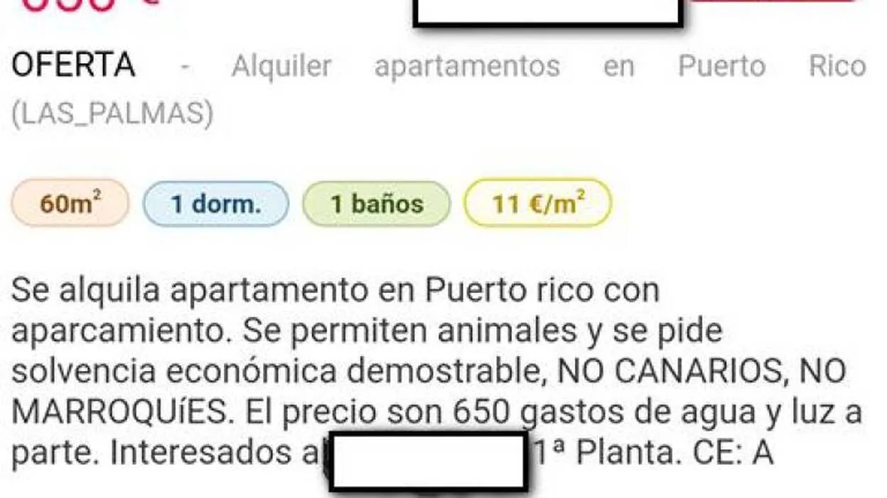 «Se alquila apartamento en Puerto Rico: No canarios, no marroquíes»