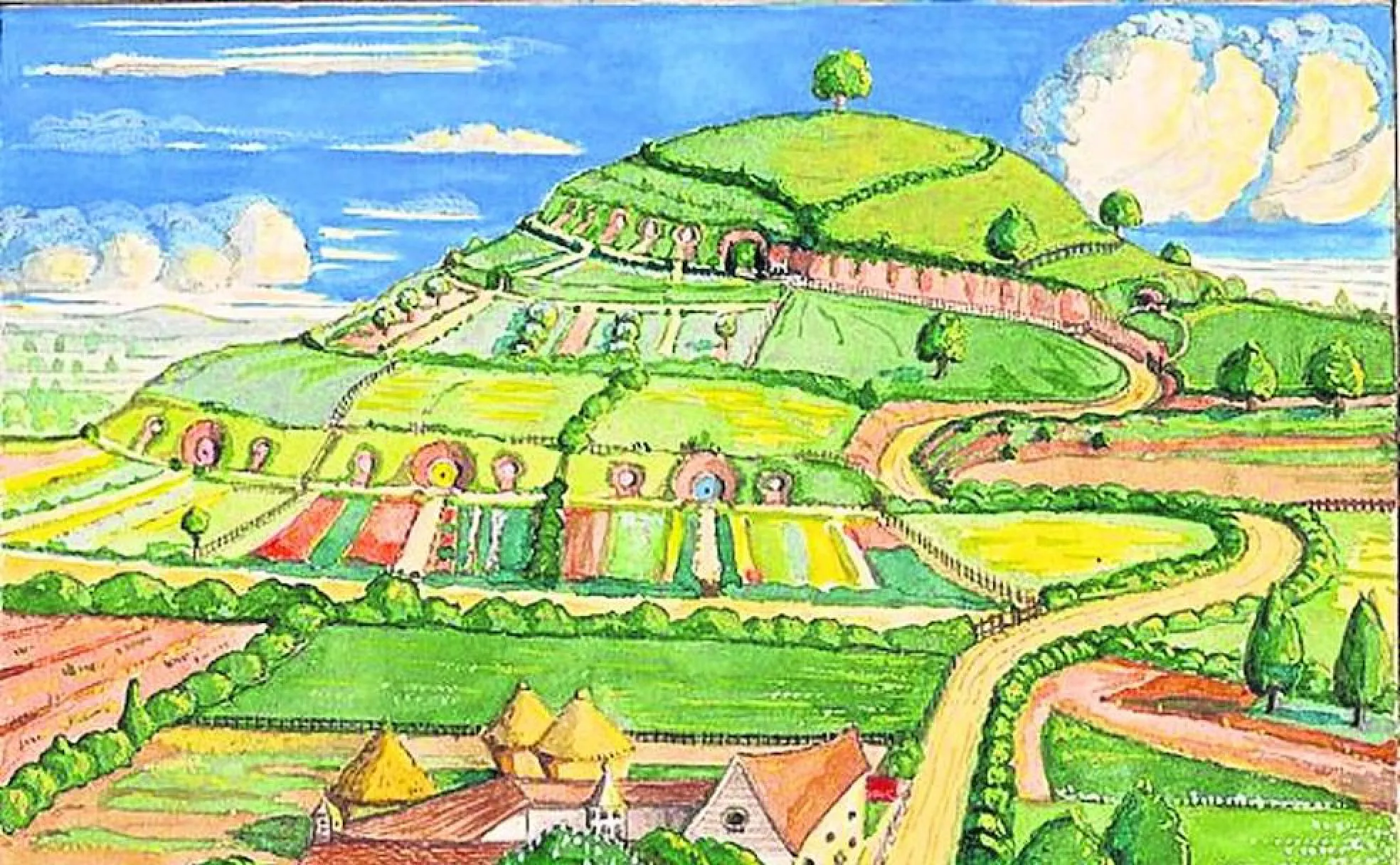 Ilustración de Tolkien que muestra su visión de la colina de Hobbyton.