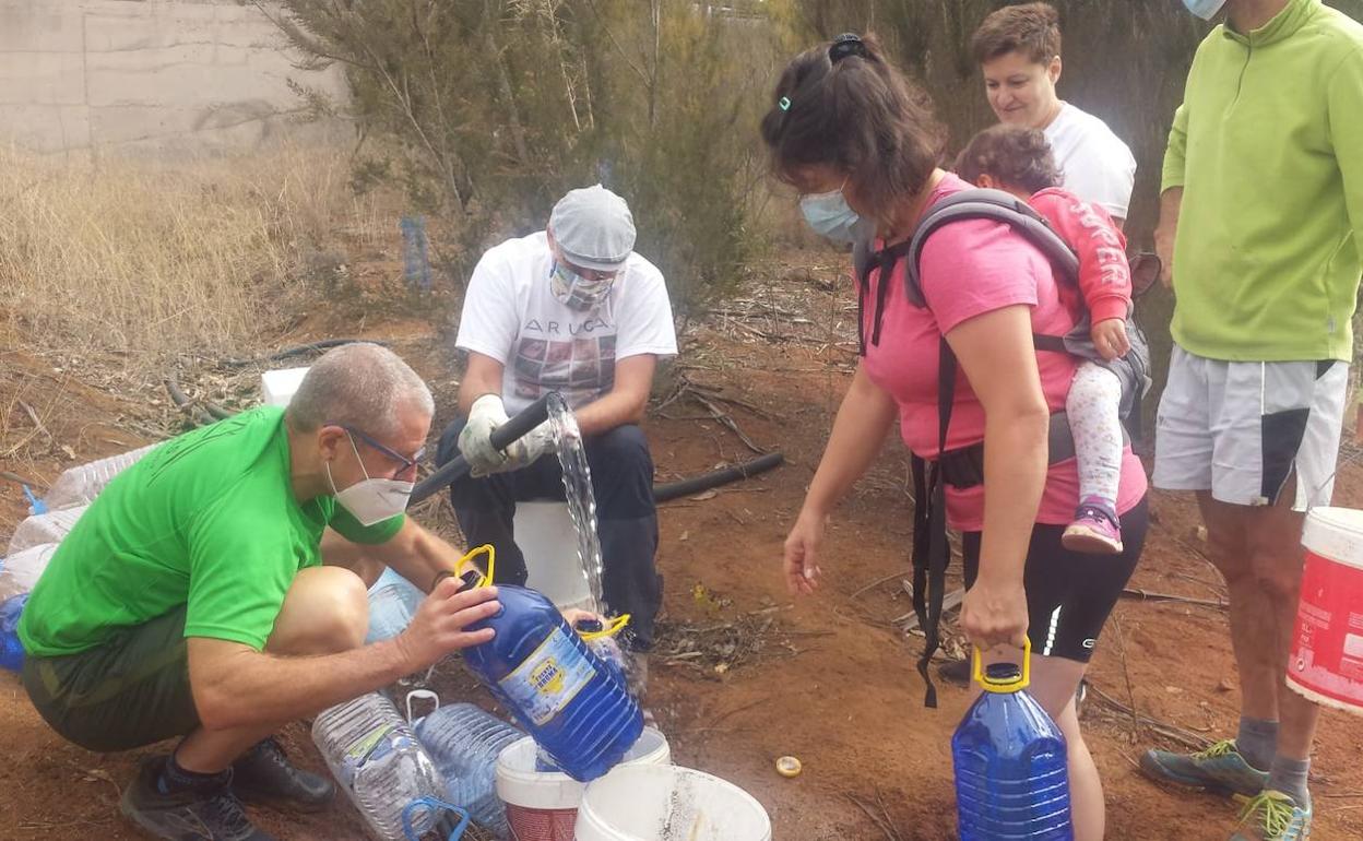 Voluntarios cogiendo agua para proceder a regar