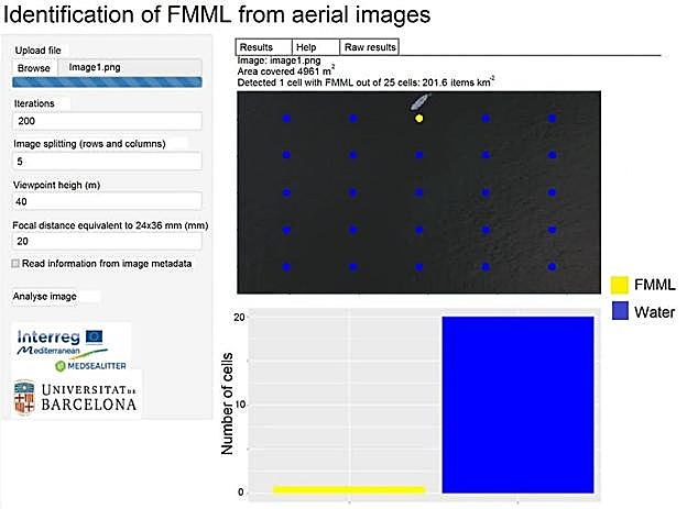 Ejemplo de análisis de una imagen aérea obtenida mediante un dron a través de MARLIT para detectar y cuantificar la basura marina flotante en imágenes aéreas. 
