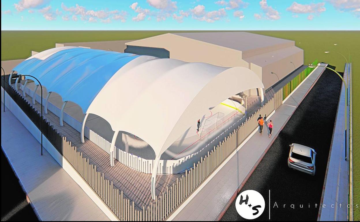 Recreación de la cubierta de la pista exterior de hockey línea del polideportivo García San Román. 