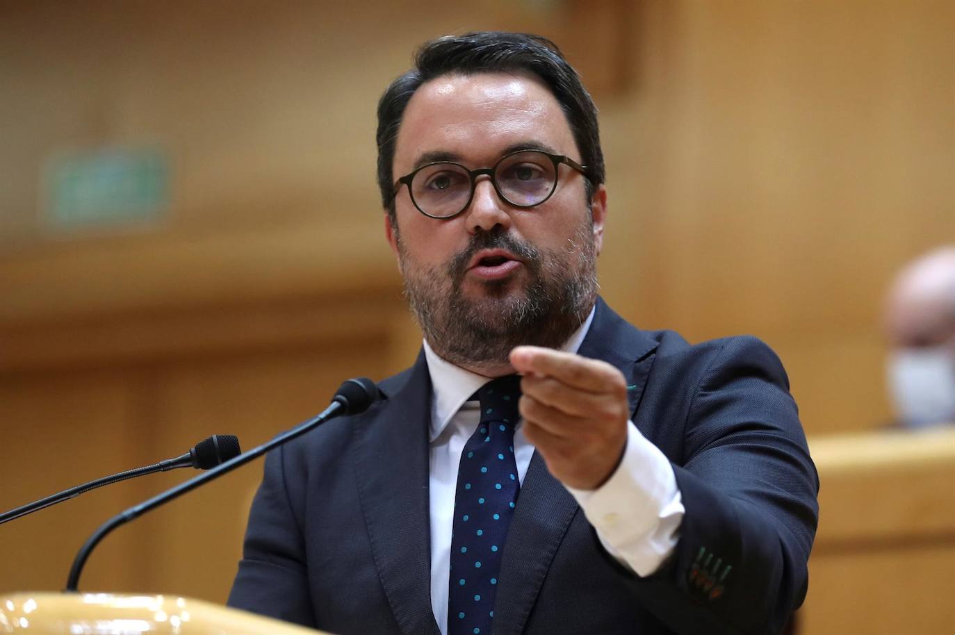 El senador del PP Asier Antona interviene durante la sesión de control al Gobierno celebrada este martes en el pleno del Senado. 