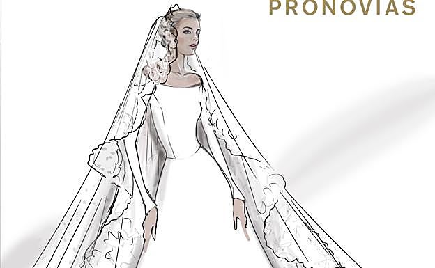 Imagen principal - Imágenes del boceto del vestido y de la novia posando. 