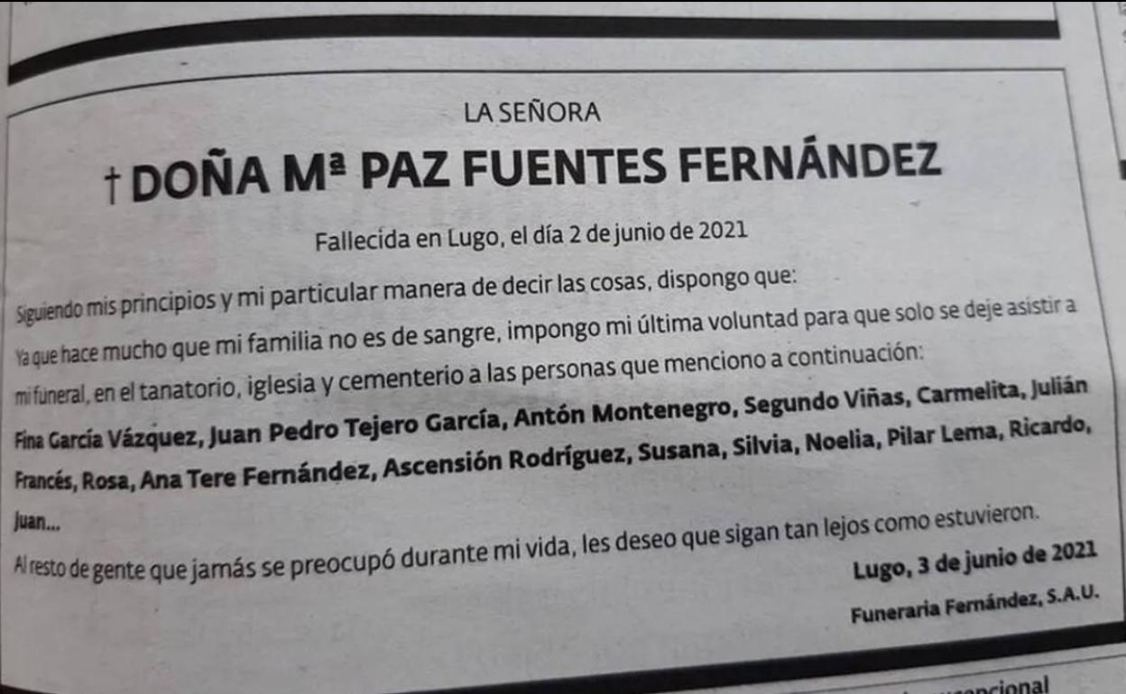 Fallece y en su esquela avisa de quienes pueden asistir a su funeral