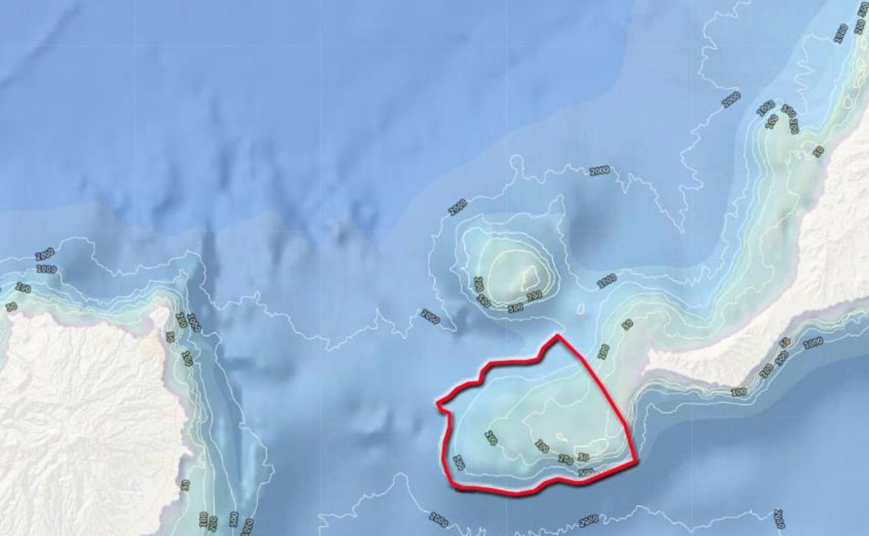 Rodeada por una línea roja, la montaña submarina El Banquete donde el Cabildo propone ubicar parques eólicos. 