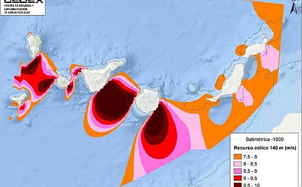 Recurso eólkco en la demarcación marina canaria con profundidades inferiores a los 1.000 metros. 