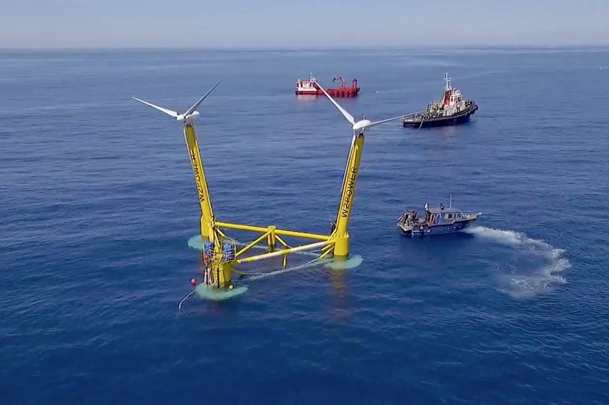 Aerogenerador flotante de doble turbina propuesto por Enerocean para su parque eólico en aguas de la isla 