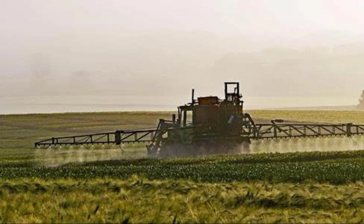 Tractor aplicando pesticidas en un terreno de cultivo 