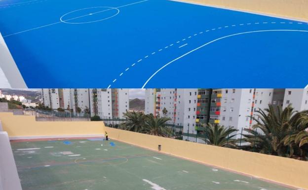 Antes y después de la cancha del colegio Montiano Placeres, en Jinámar. 