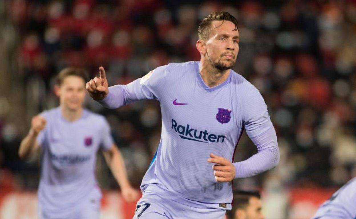 Luuk de Jong celebra su tanto frente al Mallorca. 