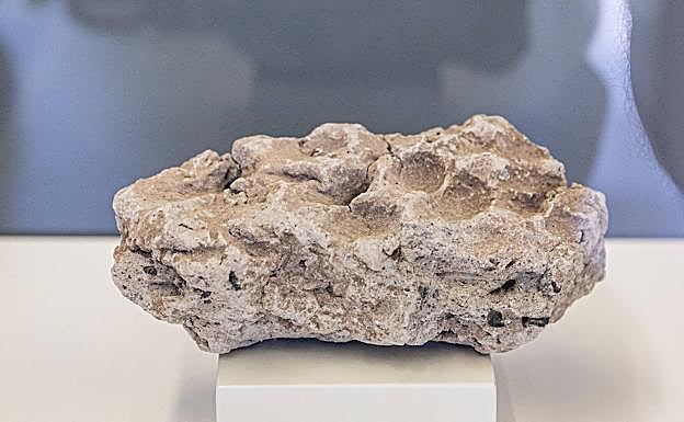 Un trozo de argamasa para revestir paredes con la forma de dedos incrustados. 