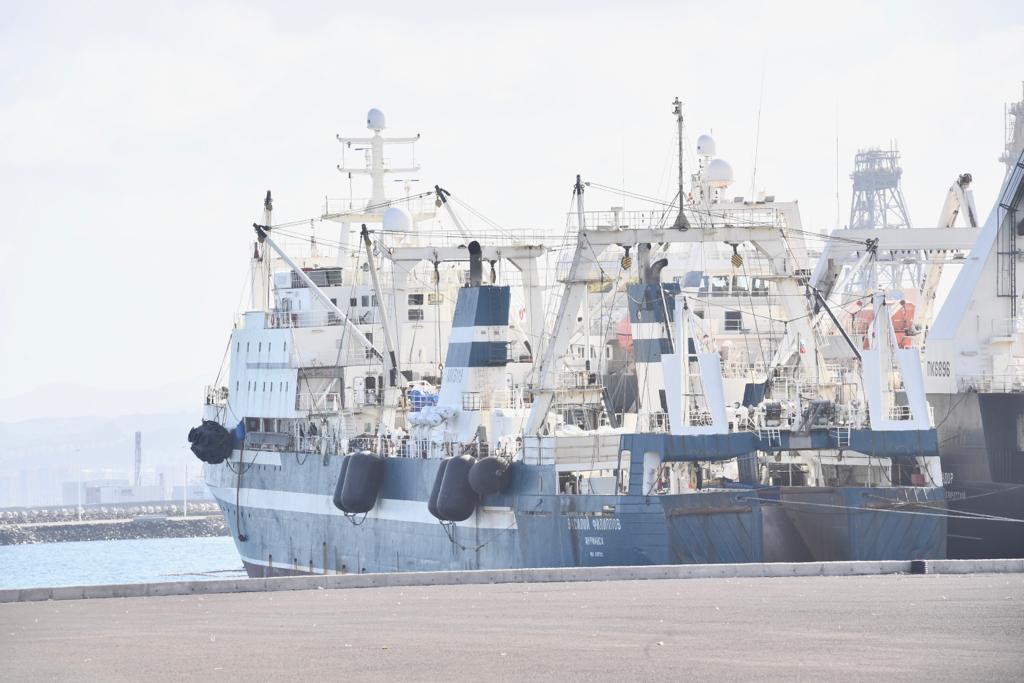 Imagen principal - Imágenes de los barcos rusos que permanecen en el puerto de Las Palmas. 