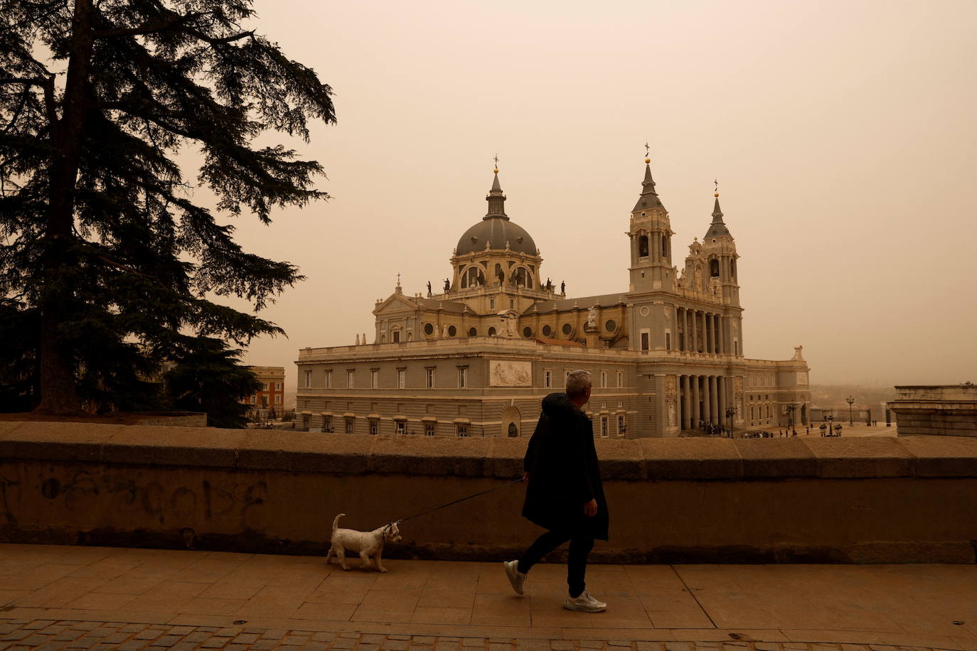 Un hombre camina junto a su perro por una acera de Madrid llena de arena, con la Catedral de La Almudena al fondo. 