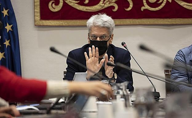 El consejero Julio Pérez, esta mañana durante su comparecencia en el Parlamento de Canarias. 