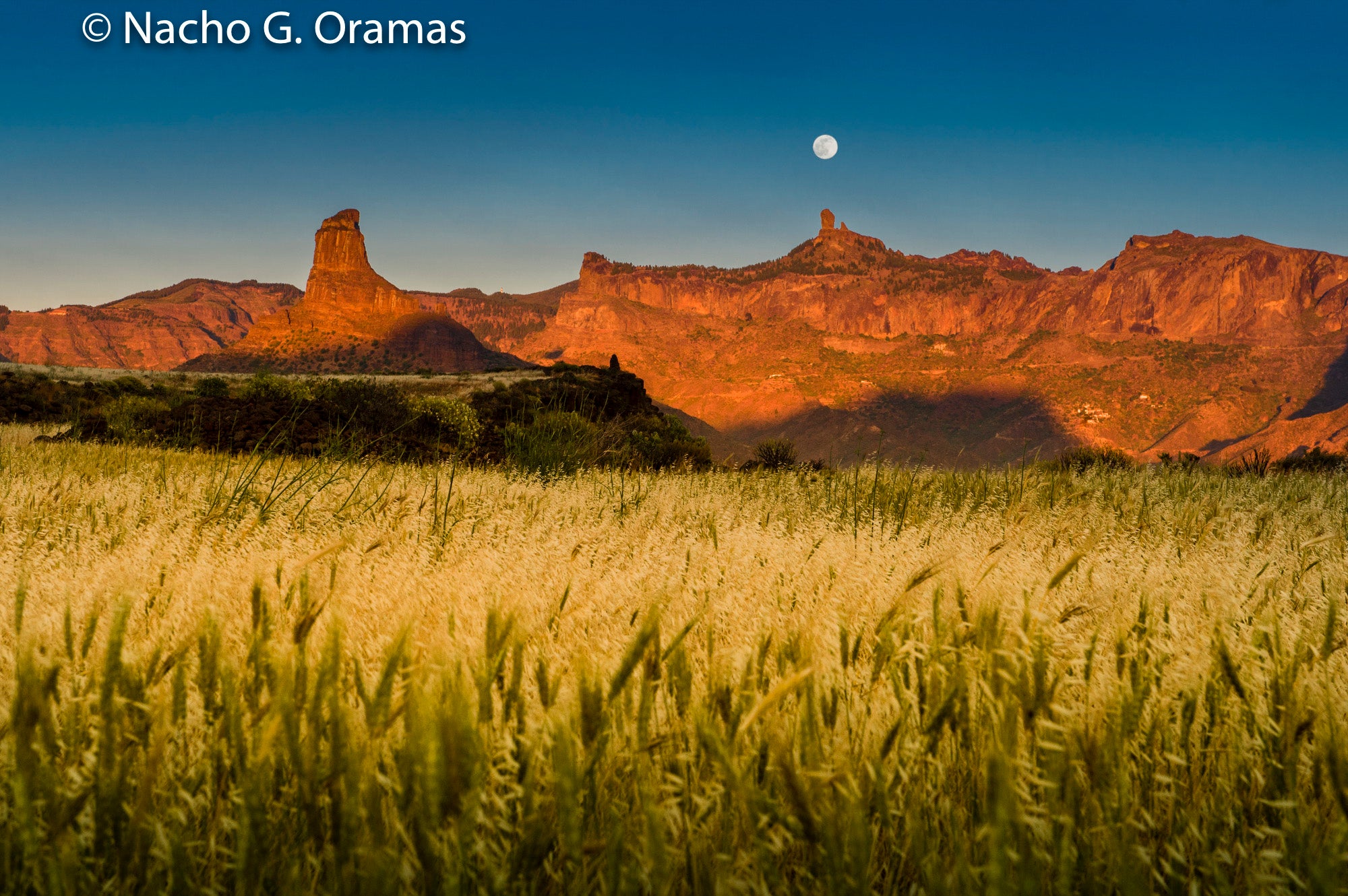 La Luna llena sobre el Roque Nublo mientras las últimas luces del día bañan al Roque Bentayga y la Caldera de Tejeda (Acusa Seca, Artenara).