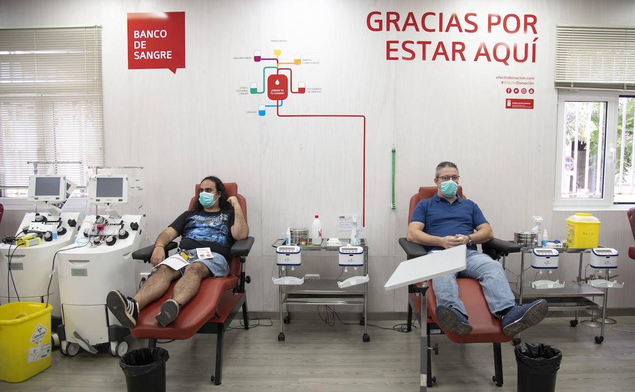 Imagen de archivo de dos personas donando sangre. 