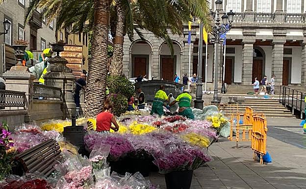 Preparativos de la confección de la alfombra municipal este sábado en Santa Ana.