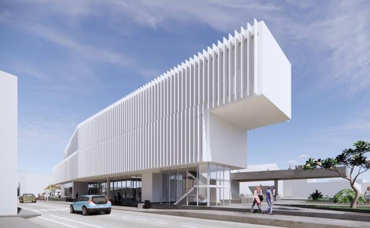 Recreación del edificio singular propuesto para albergar el futuro centro cultural del Cruce de Arinaga. 