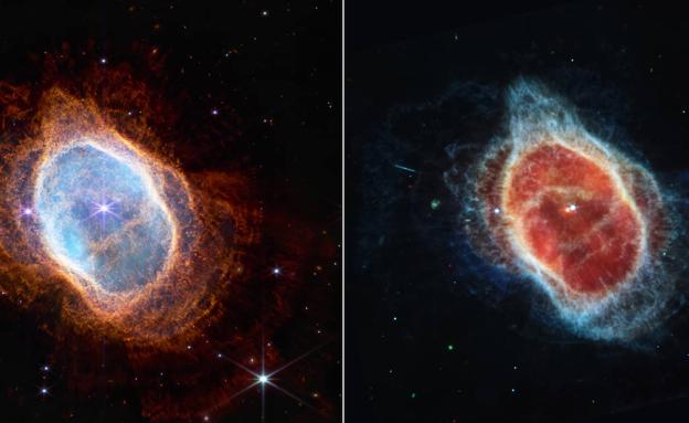 La nebulosa del Anillo del Sur se debe al gas y polvo expulsados por una estrella moribunda y se ve aquí fotografiada por dos instrumentos del Webb..
