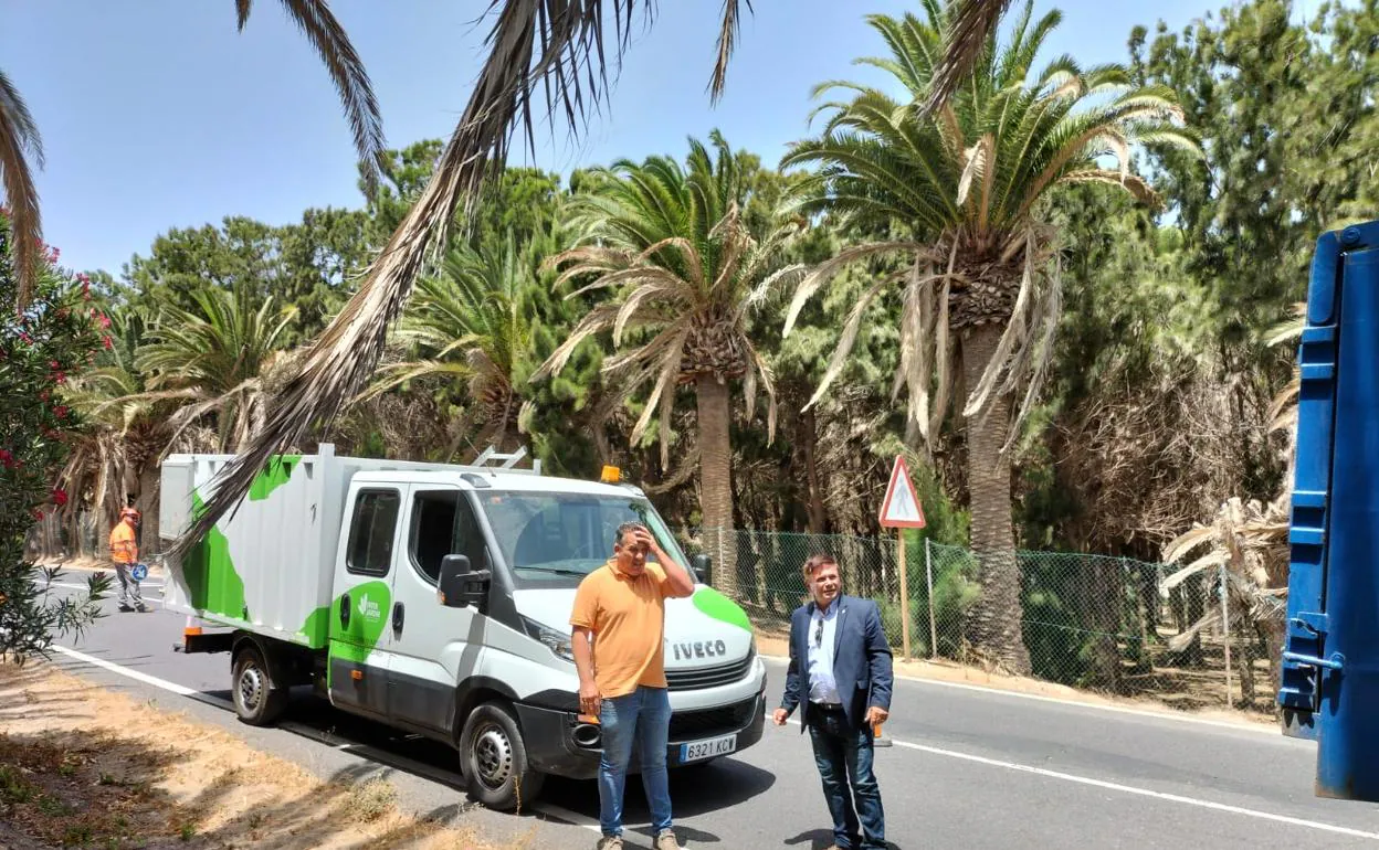 El alcalde Pedro Armas y Alexis Alonso, concejal de Urbanismo, en el palmeral de Costa Calma. 