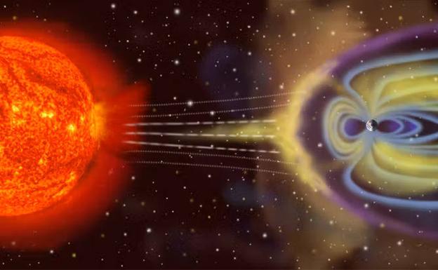 Representación de la interacción del viento solar con la magnetosfera de la Tierra.