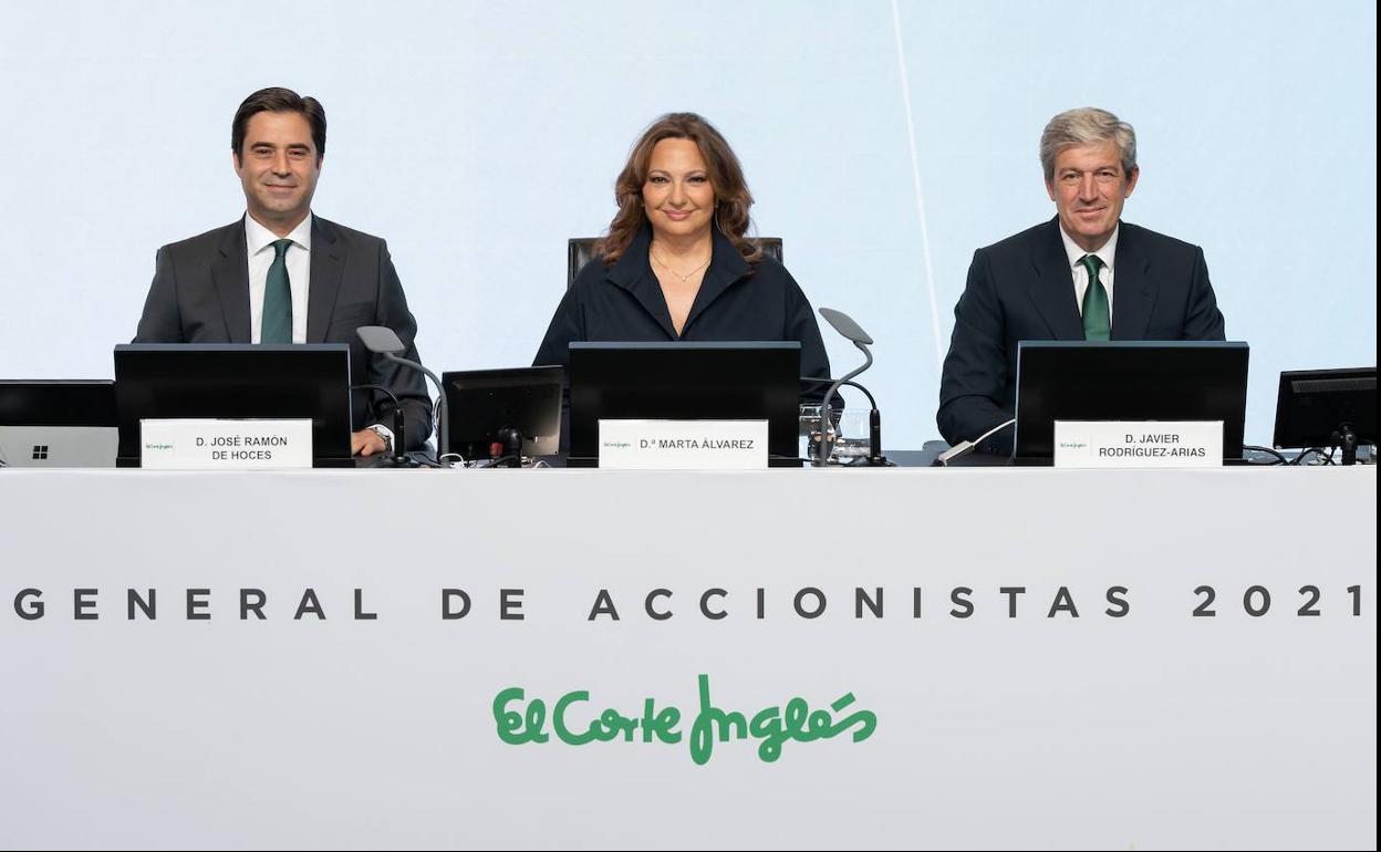 La presidenta de El Corte Inglés, Marta Álvarez, con directivos en la junta de accionistas del grupo. 