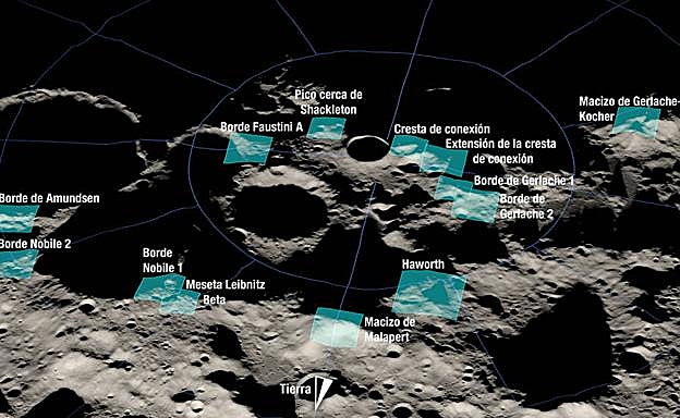 Las trece regiones del polo sur lunar candidatas para el aterrizaje de Artemisa 3.