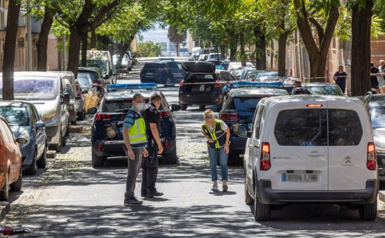 gentes de la Policía Nacional de Granada inspeccionan la calle en la que ocurrió el suceso.