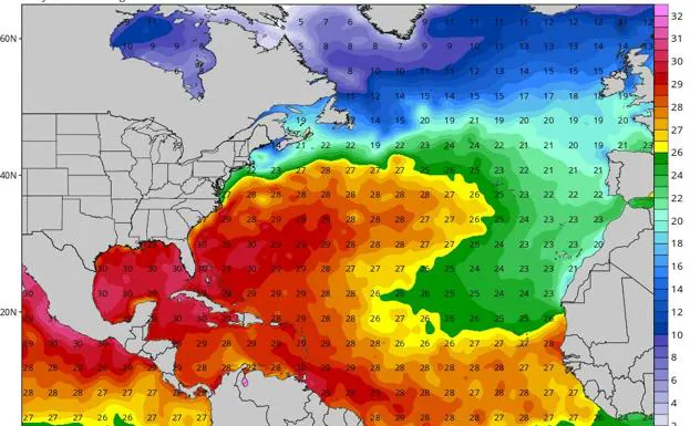 Mapa de temperaturas actuales del océano Atlántico. 