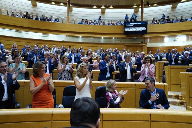 La bancada del PSOE así como los miembros del Gobierno aplauden a Pedro Sánchez tras su intervención. 