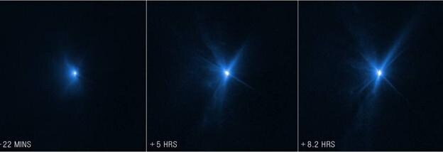 Imágenes captadas por el telescopio Hubble a los 22 minutos, 5 horas y 8 horas del impacto.