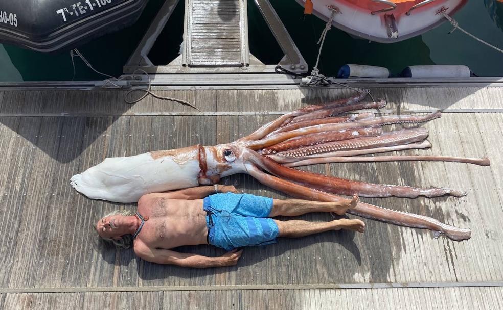 Teo Lucas posa junto al calamar gigante para dar una idea de su tamaño. 