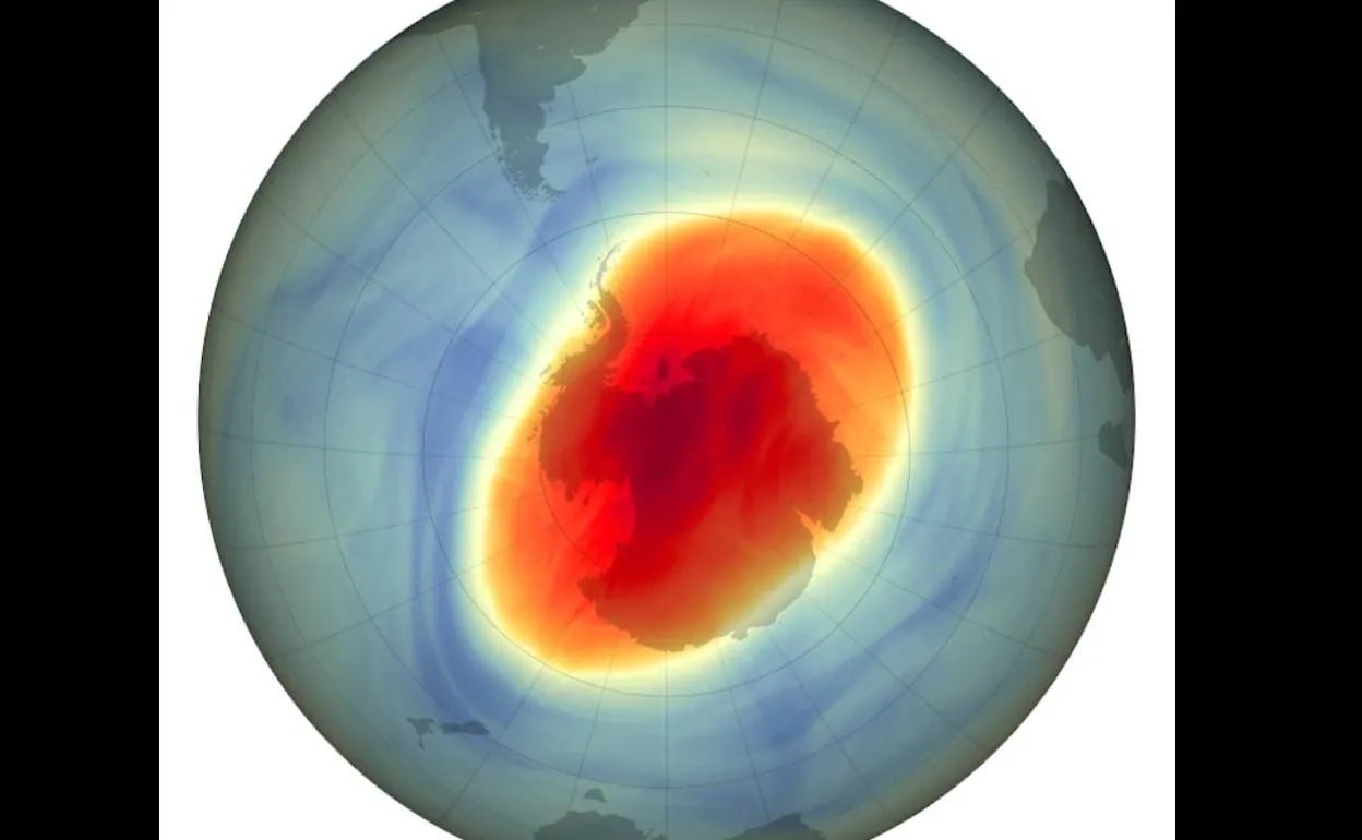 El agujero de ozono sobre el Polo Sur el 5 de octubre, cuando alcanzó su máxima extensión este año.