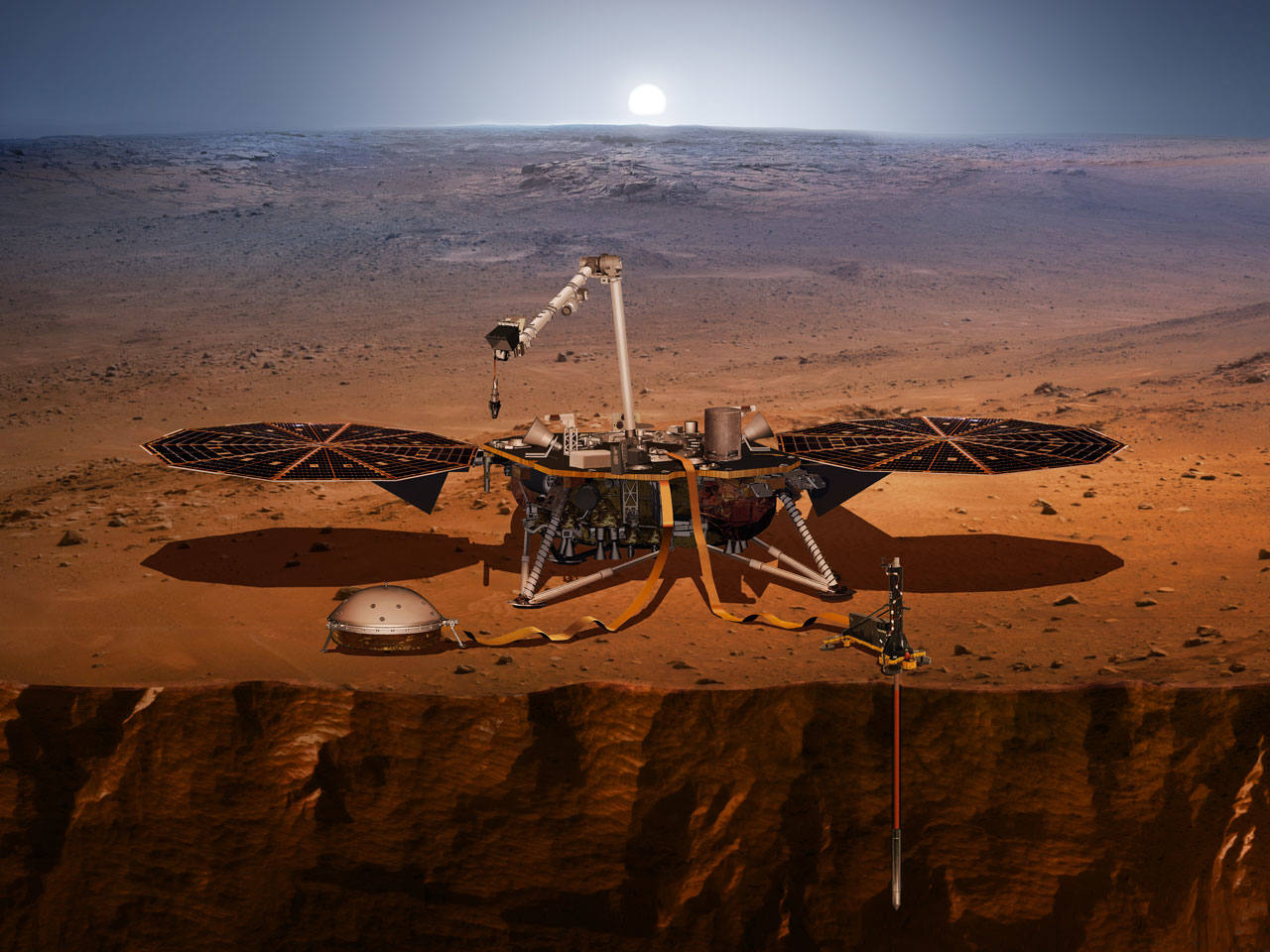 Recreación artística de la sonda Insight en Marte.