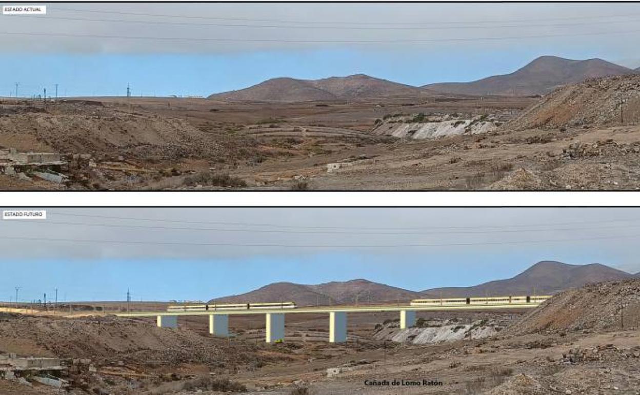 Estado actual del terreno e infografía del viaducto previsto para el tren en la cañada de Lomo Ratón. 