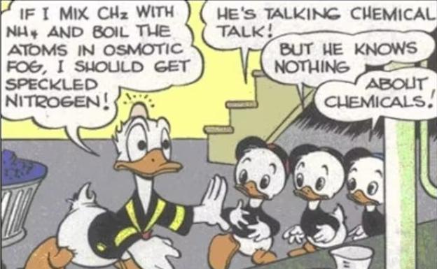 El pato Donald hablando de sustancias químicas delante de sus sobrinos.