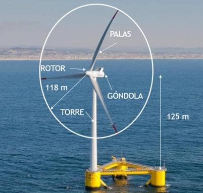 Dimensiones de un aerogenerador marino flotante proyectado en el litoral insular. 
