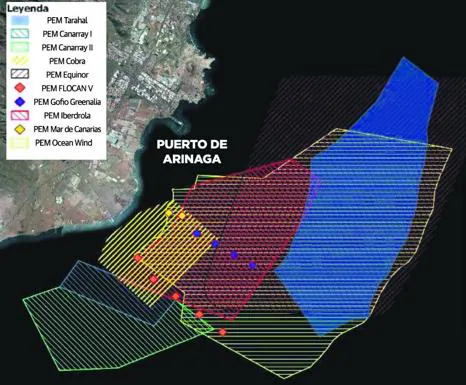 Algunos de los proyectos de parques eólicos marinos que se apelotonan en aguas del sureste. 