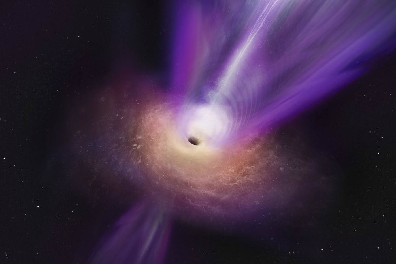Representación artística en la que el chorro masivo del agujero negro se ve elevándose desde el centro del agujero negro. Las observaciones en las que se basa la ilustración representan la primera vez que el chorro y la sombra del agujero negro se han fotografiado juntos. La galaxia Messier 87 se hizo famosa porque de ella era la primera fotografía de un agujero negro. Una nueva imagen inédita la vuelve a poner de actualidad: la que muestra el agujero junto al chorro de partículas que emerge de su región central a altísima velocidad.
