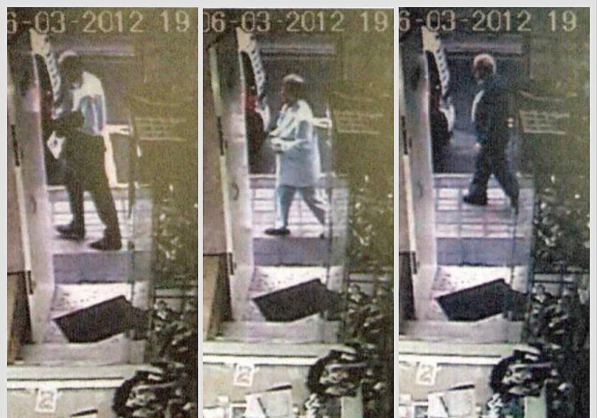 De izquierda a derecha, Rogelio, Antonio y Ana María son captados por una cámara de seguridad caminando juntos el día de la desaparición tras la reunión en el banco.